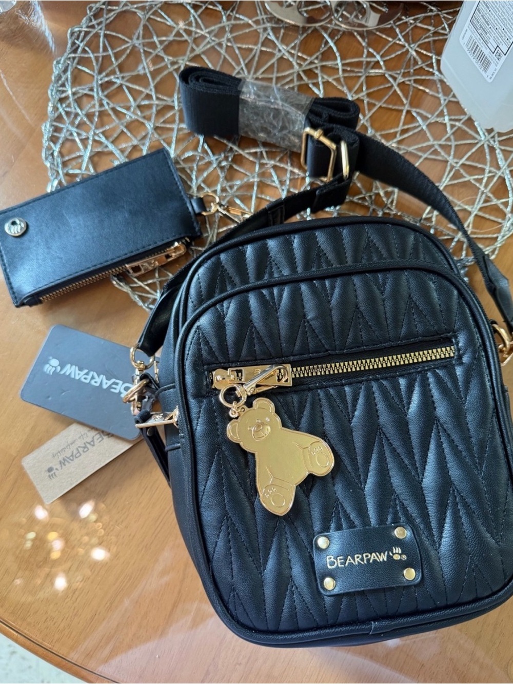 BearPaw Black Quilted Crossbody with Gold Bear Charm